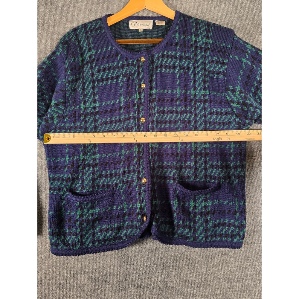 Silvercord Plaid Button Cardigan Navy Green Gold Buttons XL‎ Women Cozy Knit - Picture 5 of 8
